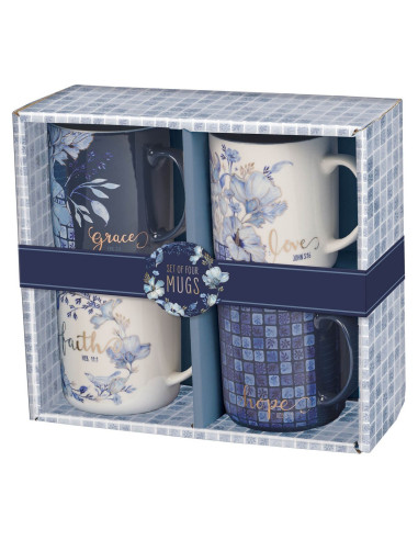 BLUE FLORAL GEOMETRIC MUG SET 4PC